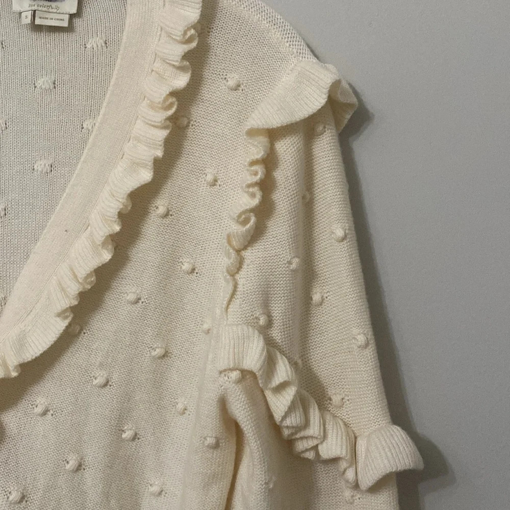 Kate Spade Cream Beige Ruffle Pom Gold Button Sweater Cardigan - Picture 2 of 7